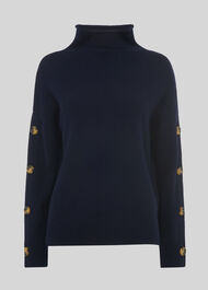 Button Sleeve Funnel Neck Knit Navy