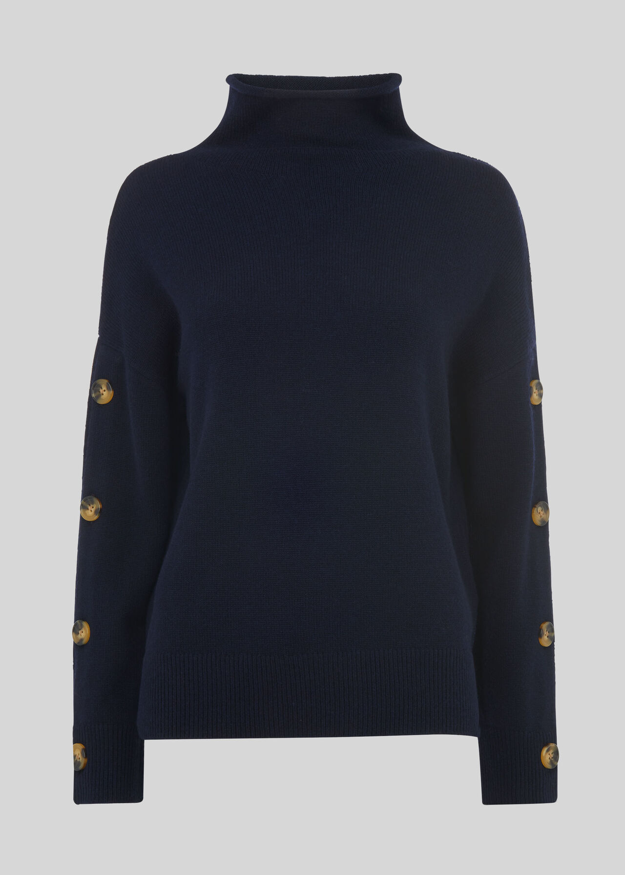 Button Sleeve Funnel Neck Knit Navy