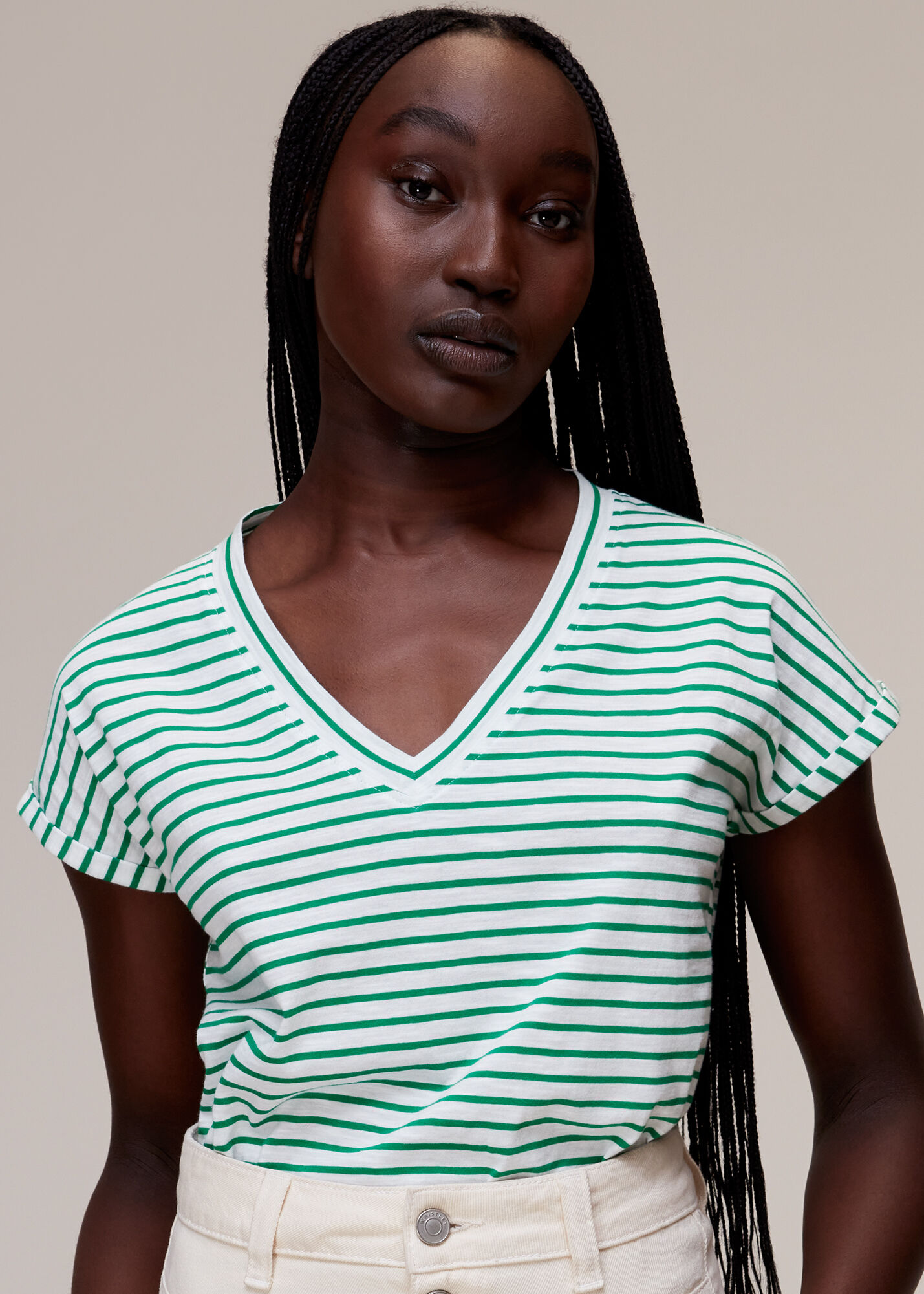 Green Multi Willa Stripe V Neck Tee WHISTLES
