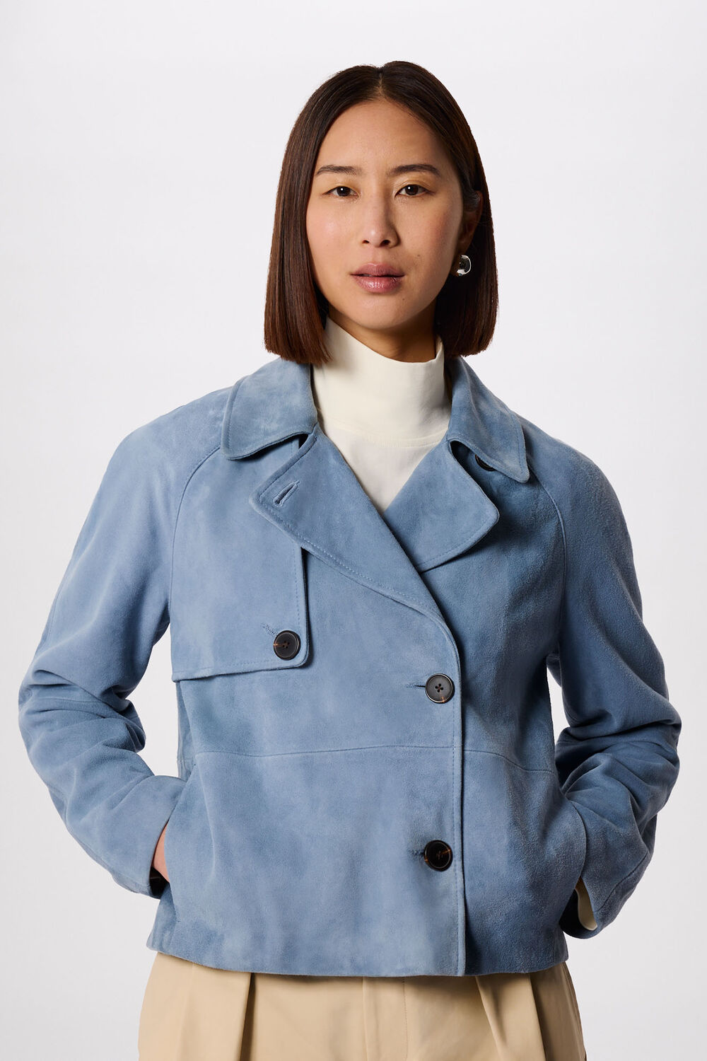 Blue Suede Short Trench Jacket