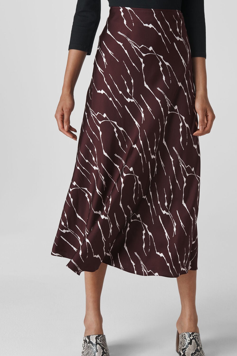 Twig Print Bias Cut Skirt Burgundy