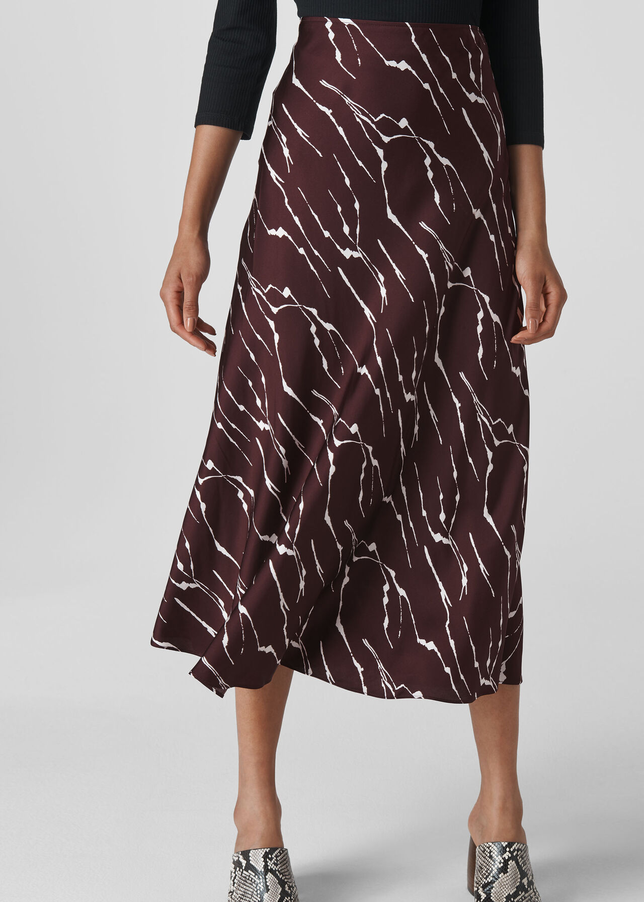 Twig Print Bias Cut Skirt Burgundy