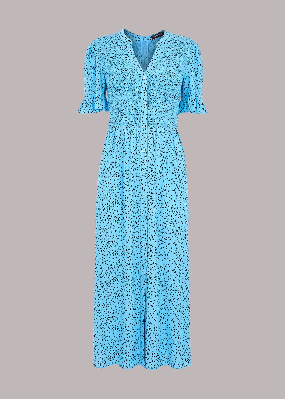 Spotted Dot Shirred Midi Dress