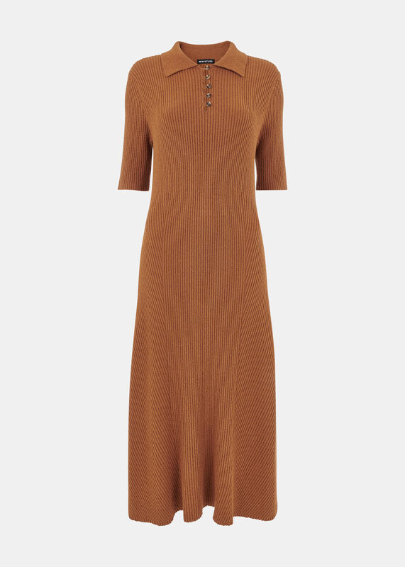Camel Knitted Ribbed Midi Dress