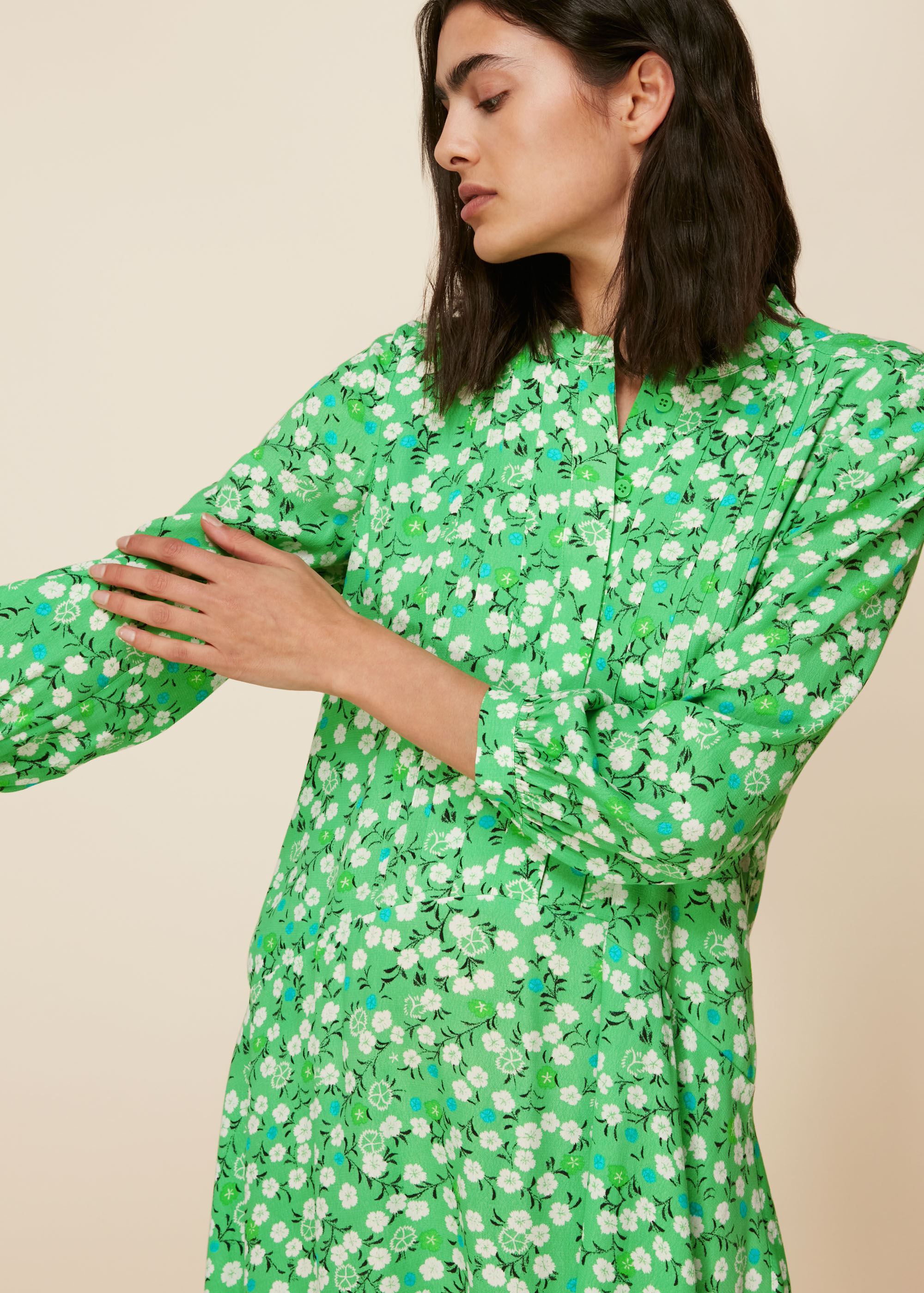 Green Cherry Blossom Pintuck Dress