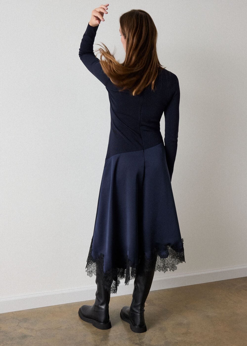 Navy Petite Knit Hybrid Lace Trim Dress