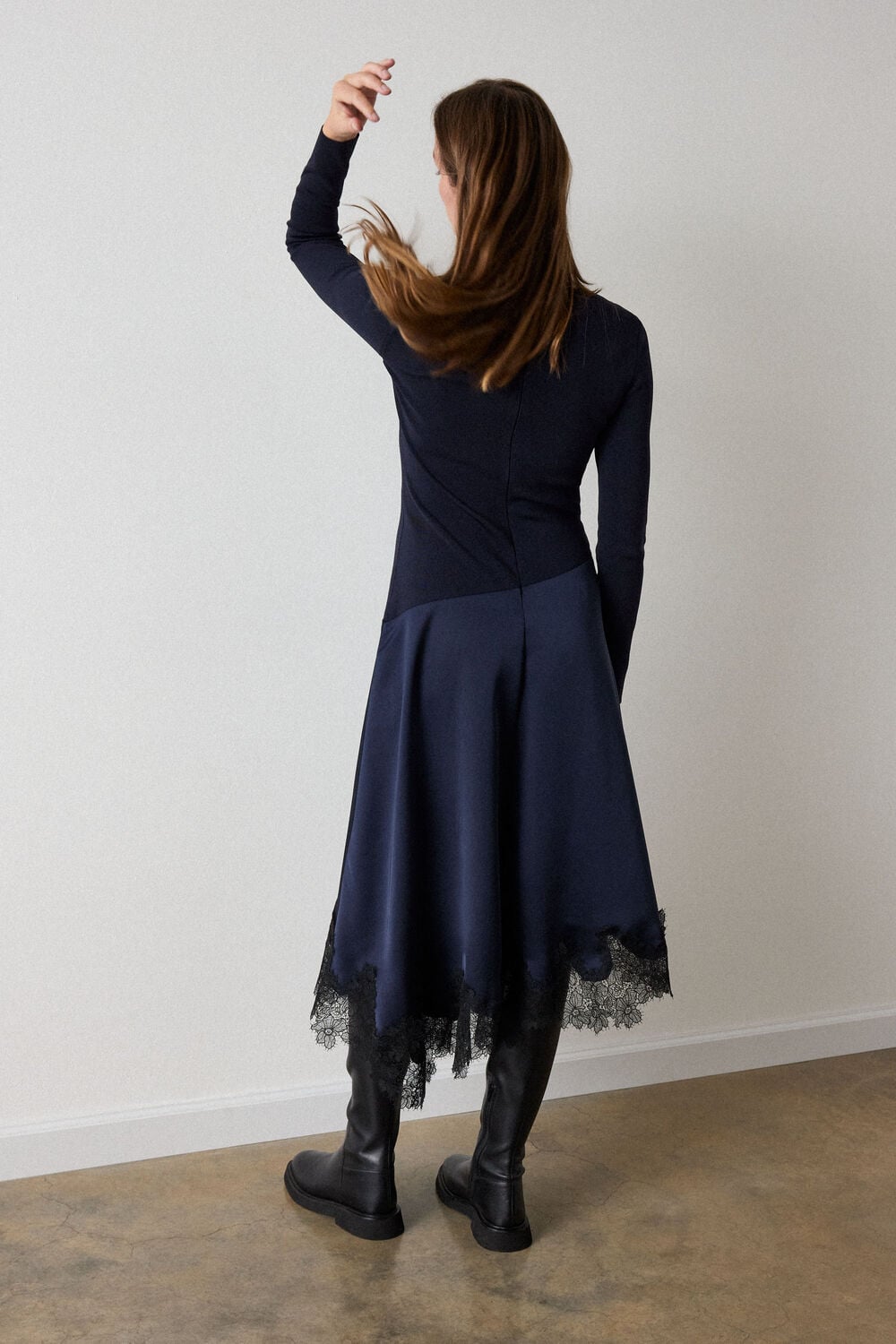 Navy Petite Knit Hybrid Lace Trim Dress