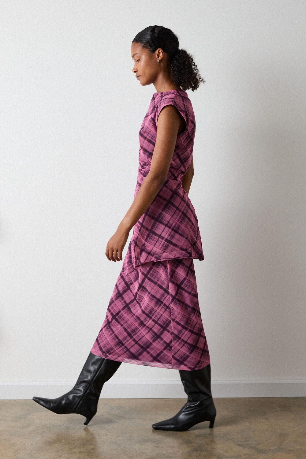 Check Mesh Midi Dress