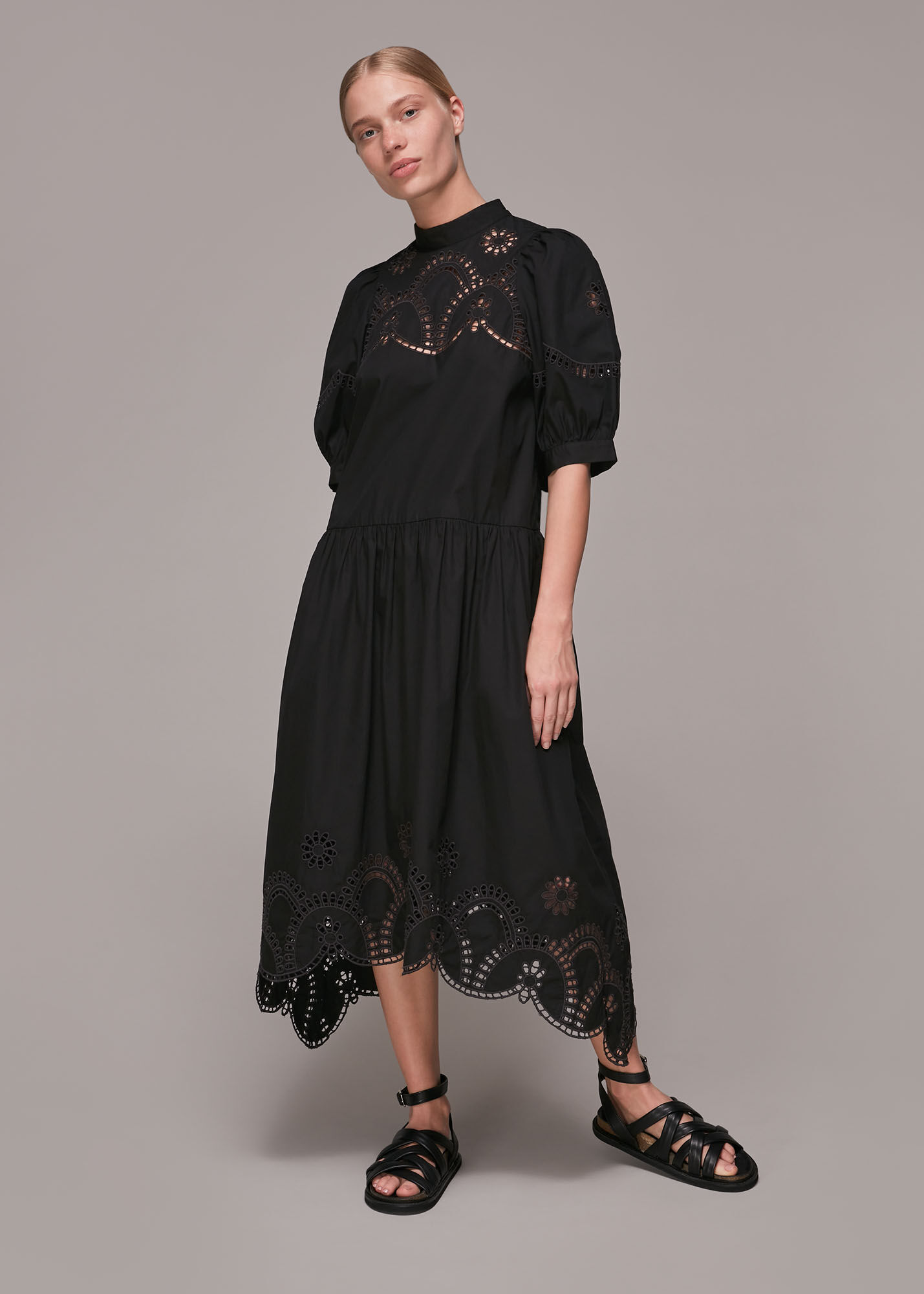 Black Broderie Cutwork Poplin Dress | WHISTLES