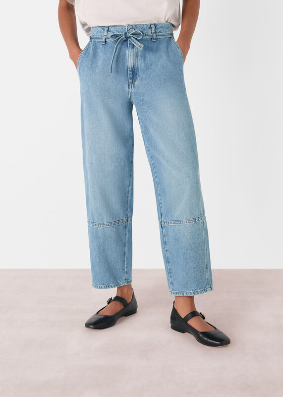 Light Wash Tie Waist Barrel Leg Jean