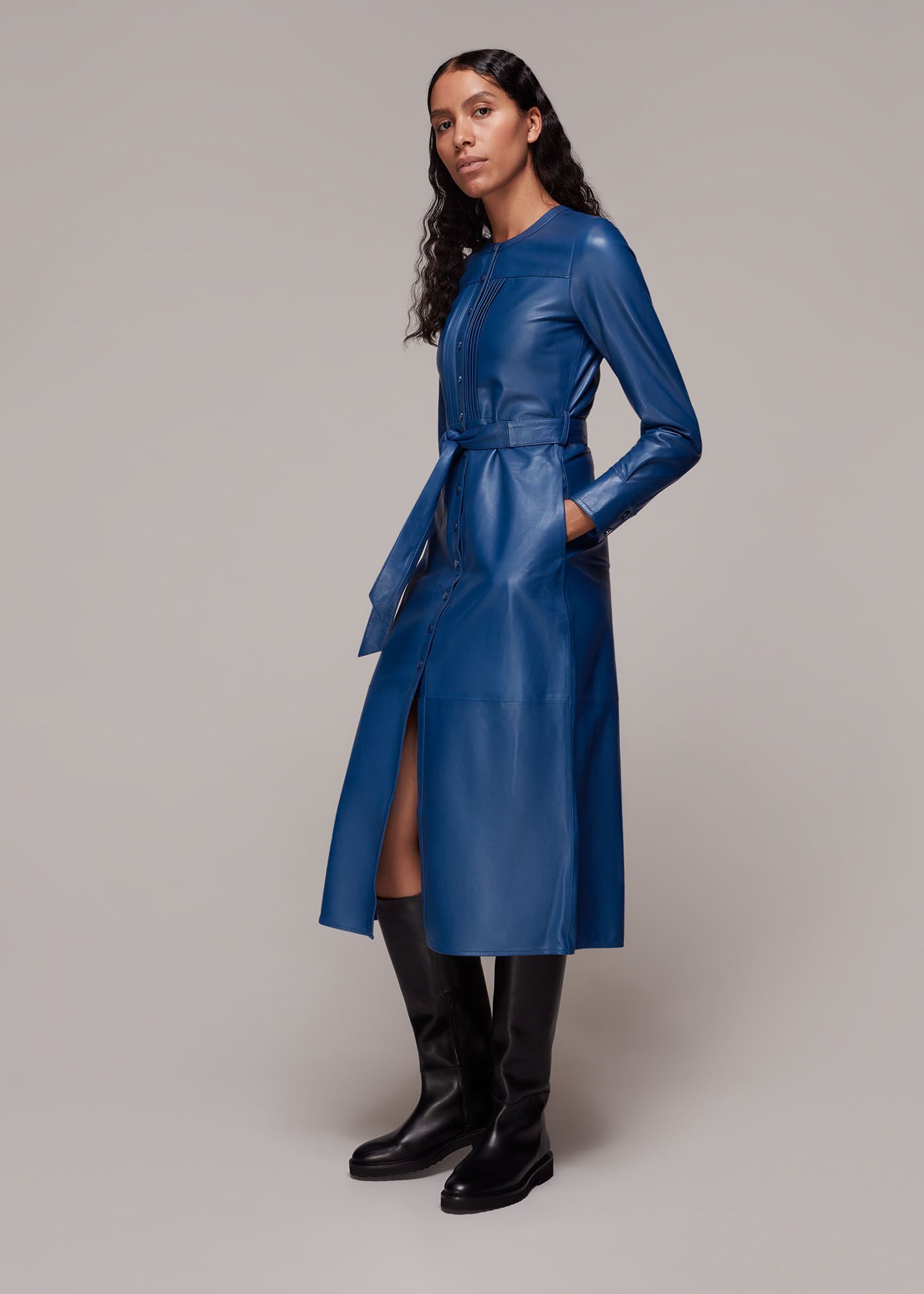Navy Pintuck Leather Midi Dress WHISTLES