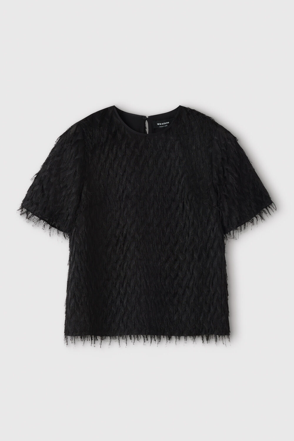 Black Fringe Textured Round Neck Top