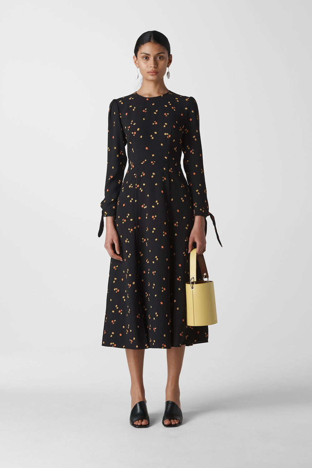 Micro Floral Tie Cuff Dress Black/Multi