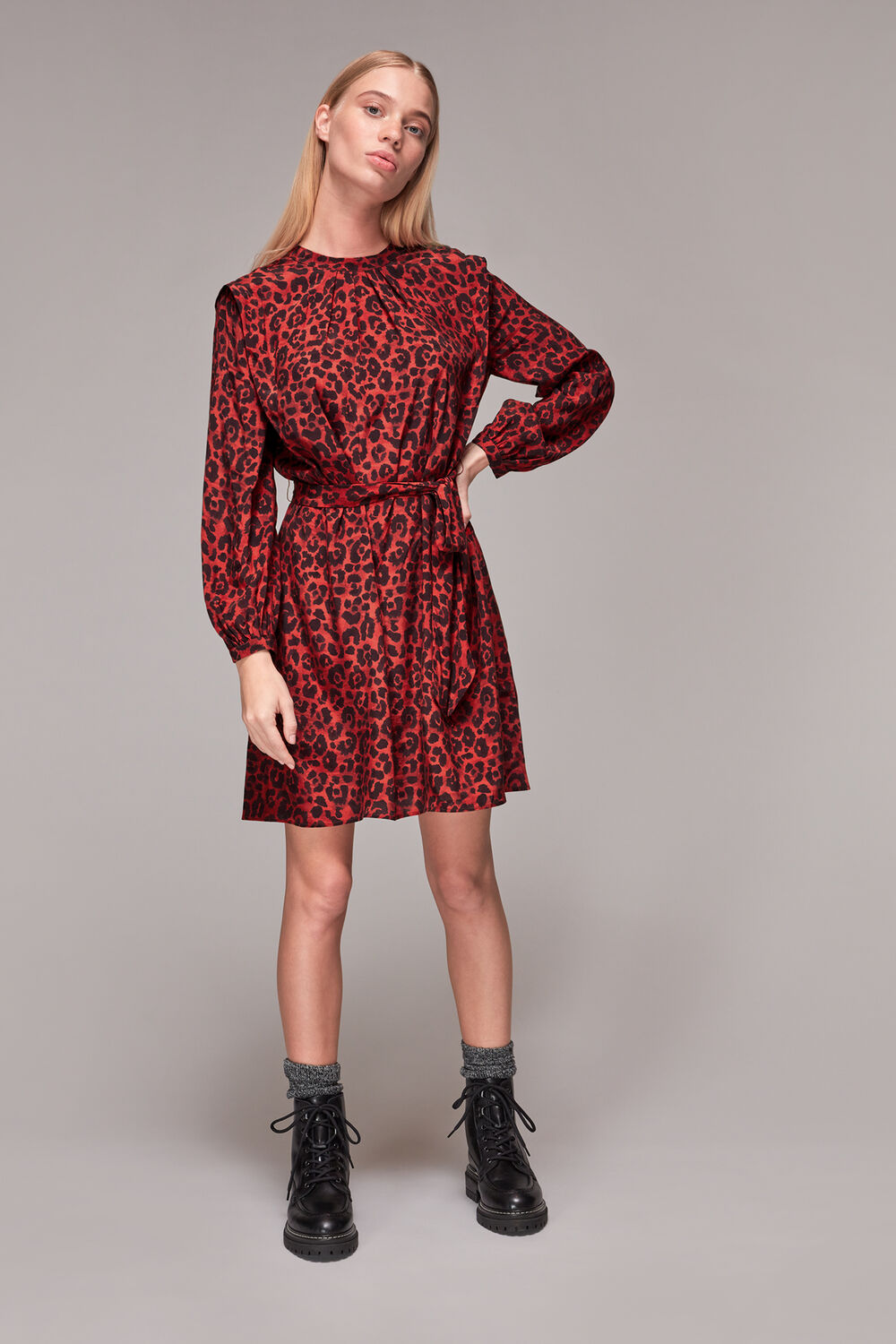 Red Belted Animal Print Dress