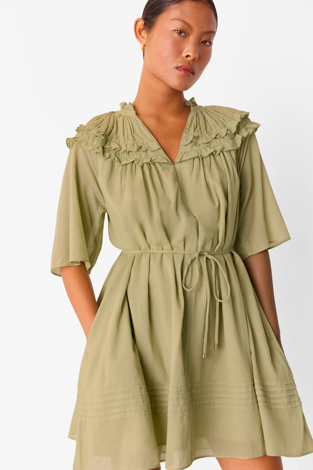 Khaki Petite Cotton Frill Mini Dress