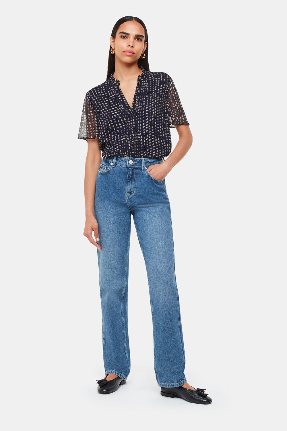 Navy Spotted Hoop Frill Blouse