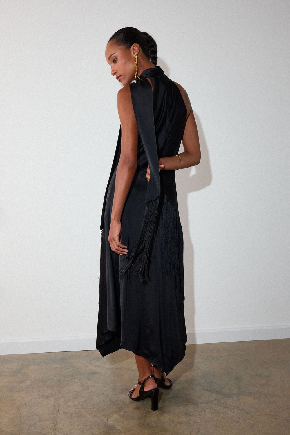 Black Fringed Scarf Detail Dress