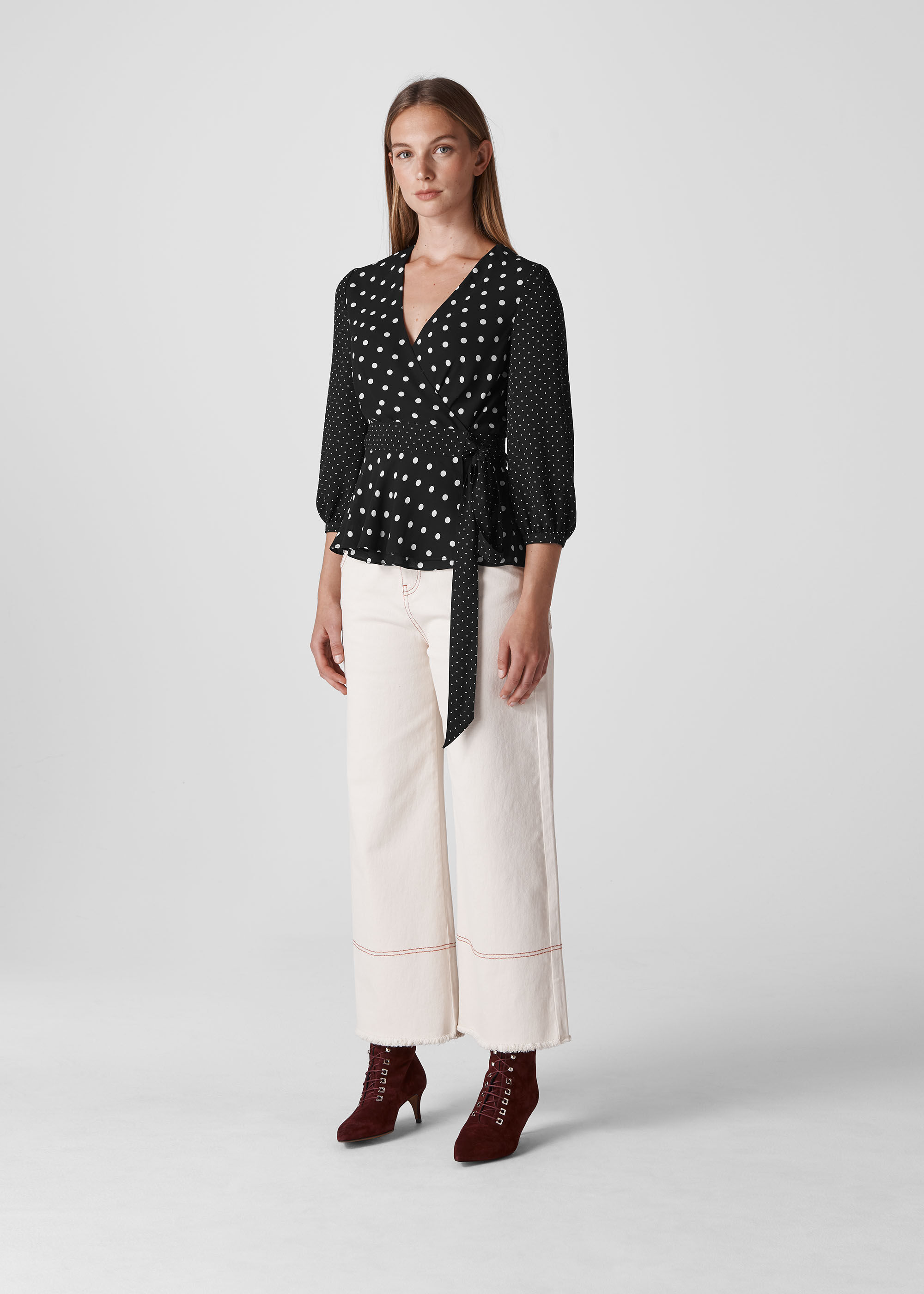 Black and white polka dot wrap top hot sale