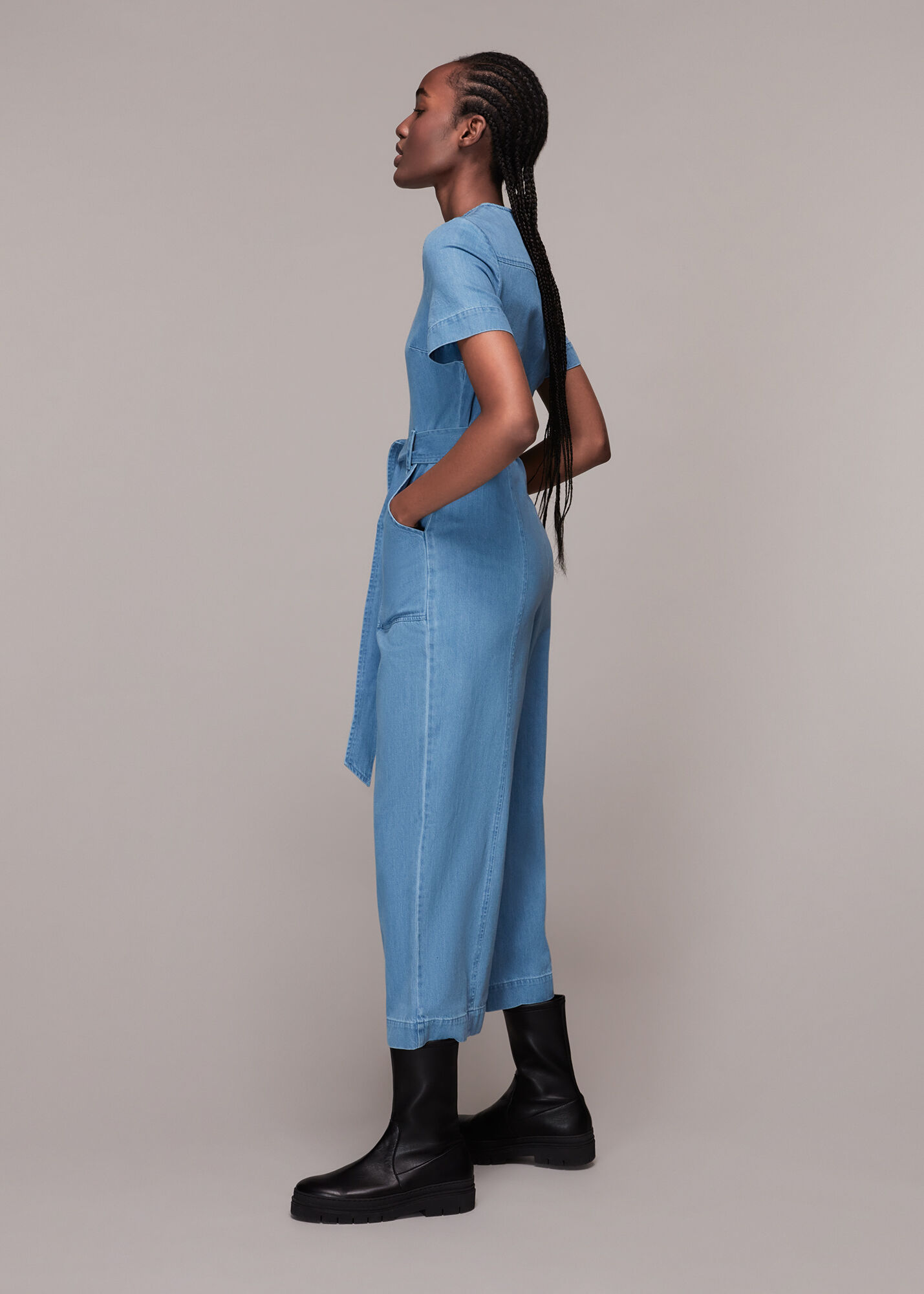 Denim Short Sleeve Denim Jumpsuit WHISTLES Whistles