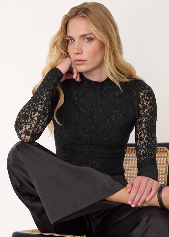Black Lace Detail High Neck Top