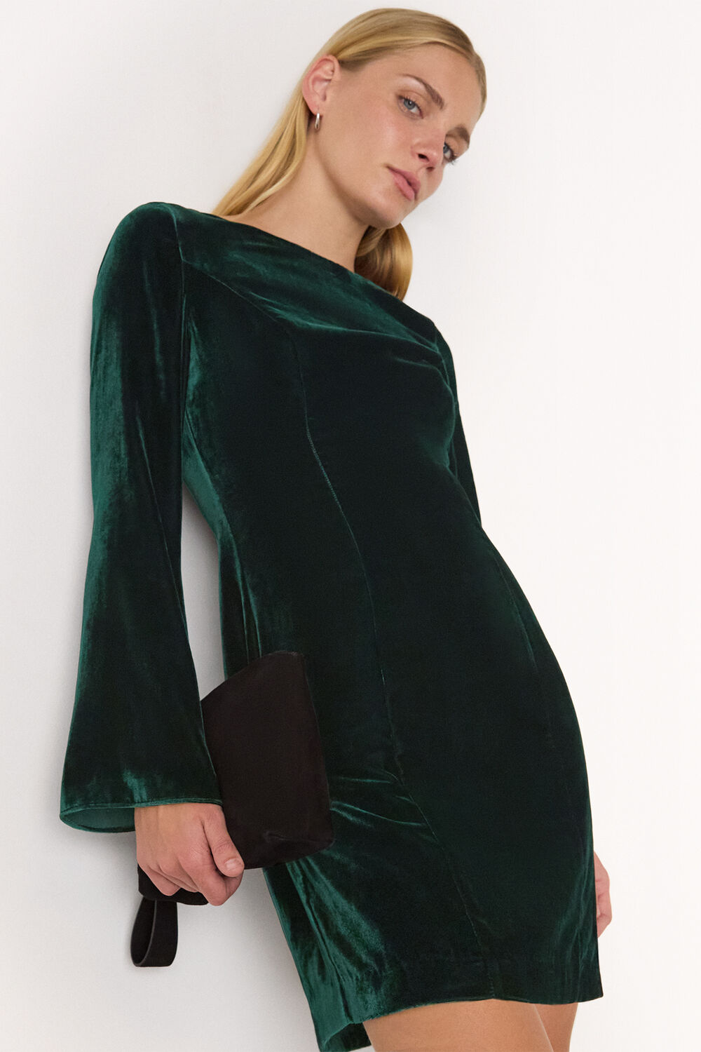 Forest Green Velvet Flare Sleeve Dress