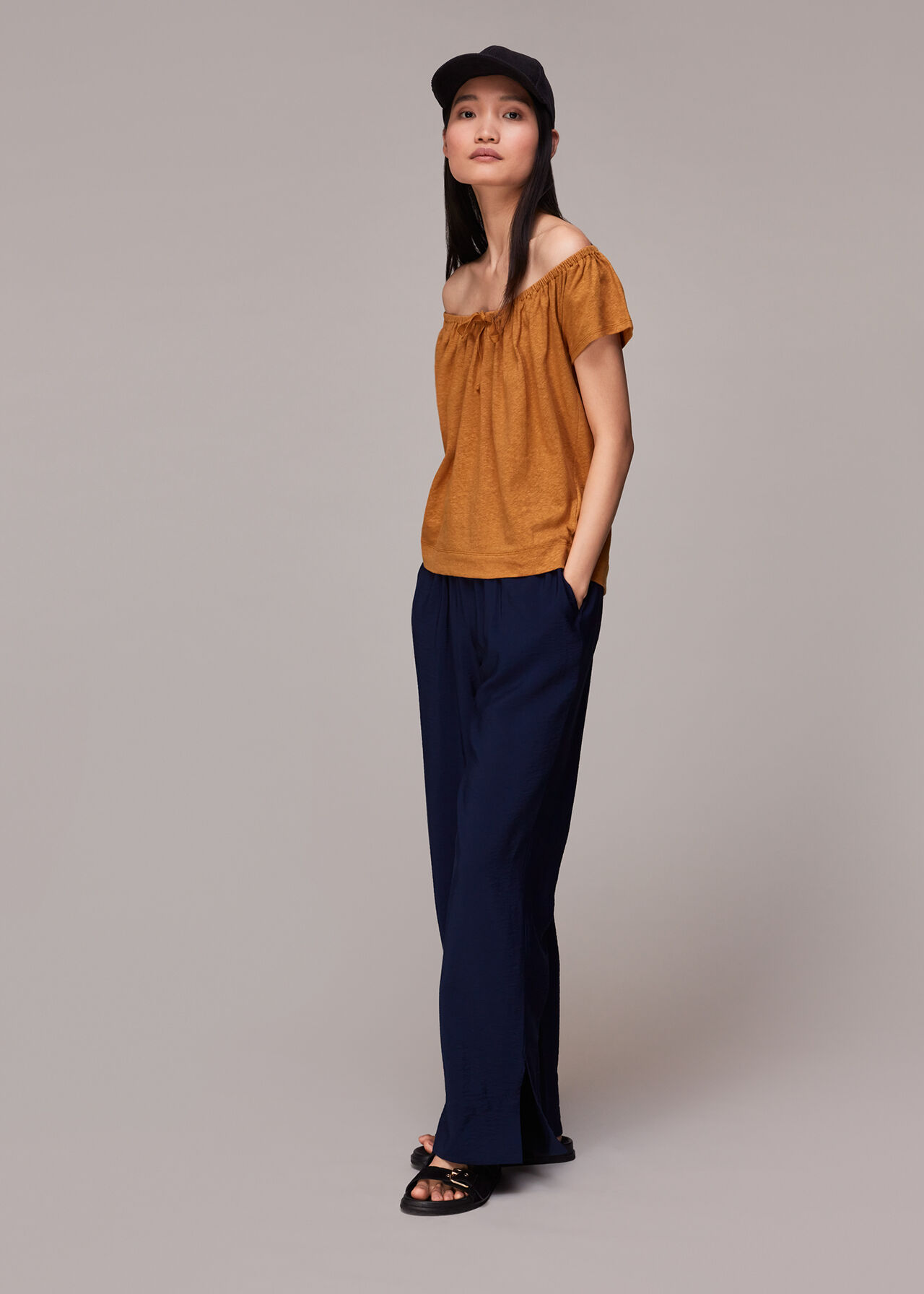 Drawstring Linen Bardot Top