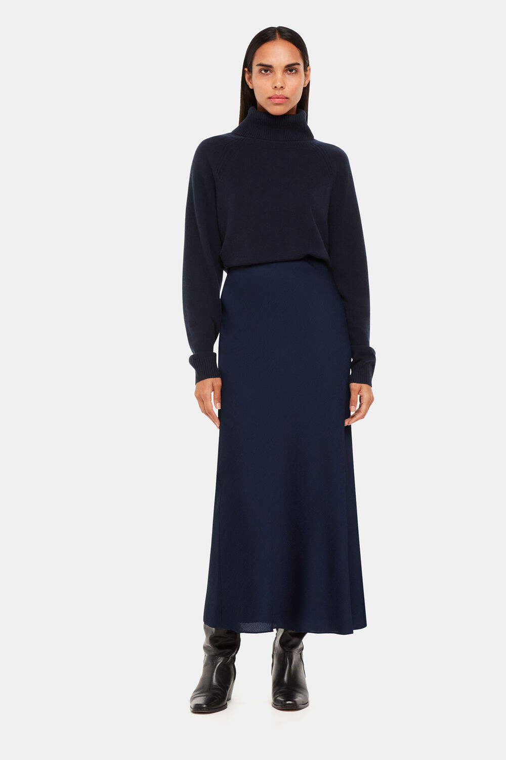 Navy Satin Bias Cut Skirt