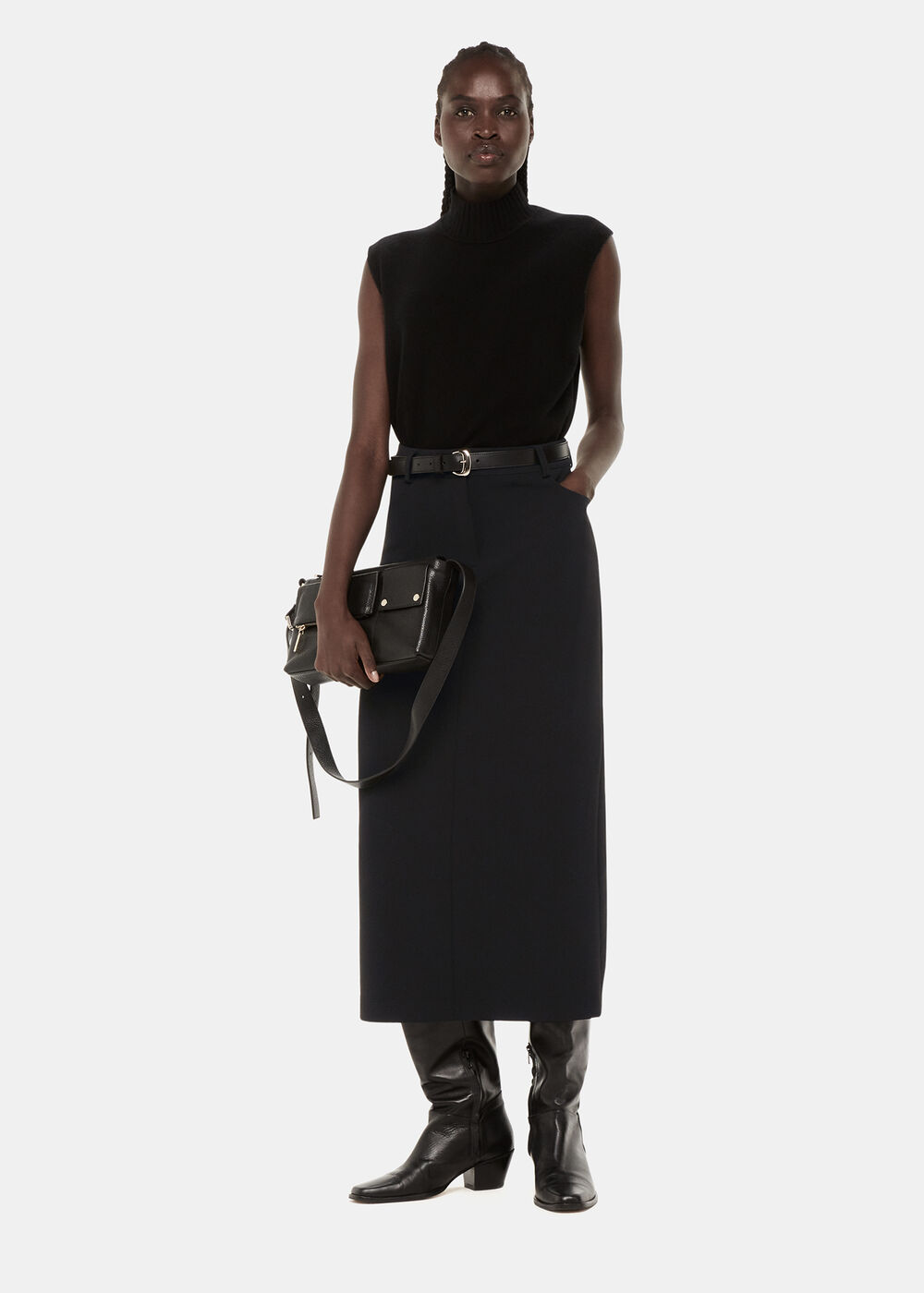Black Tailored Midi Skirt