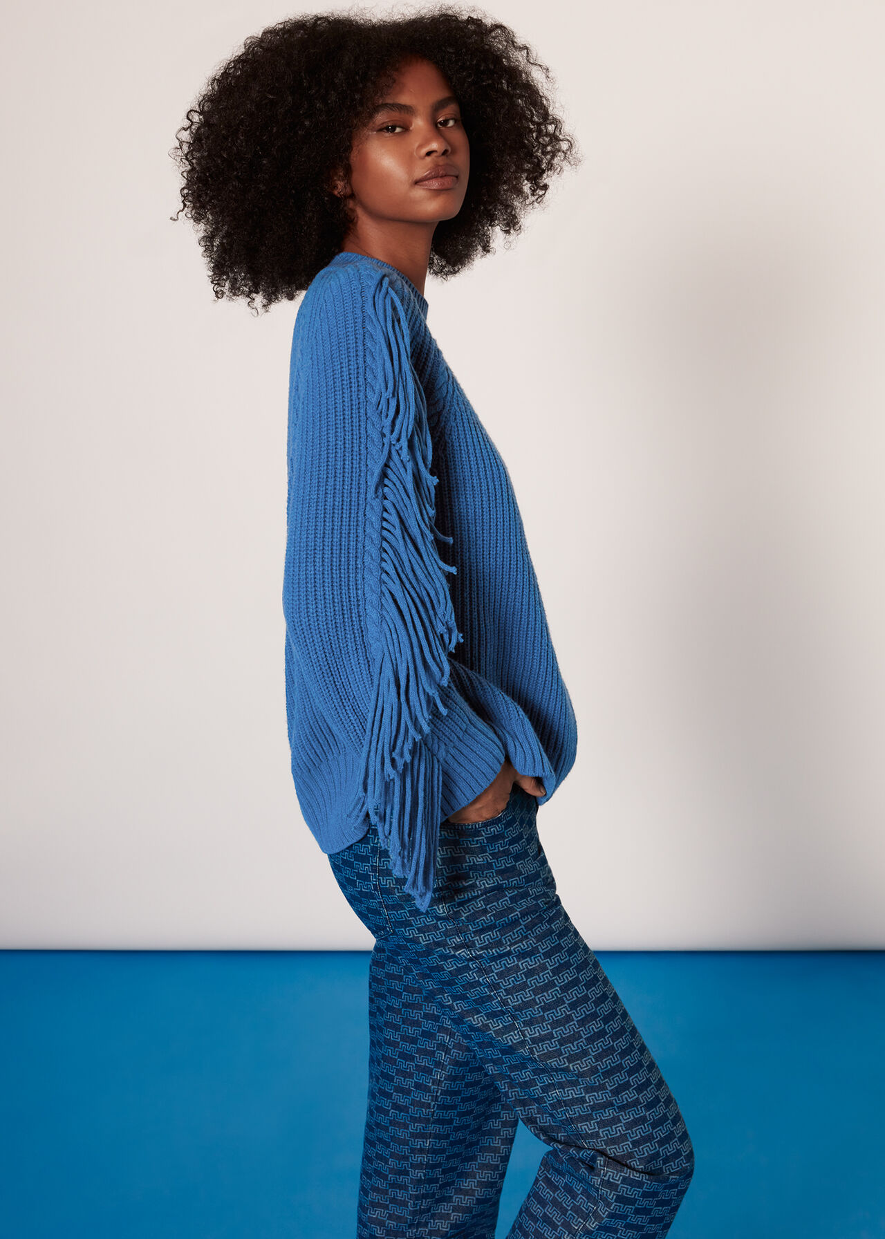 Blue Fringe Sleeve Cable Sweater | WHISTLES