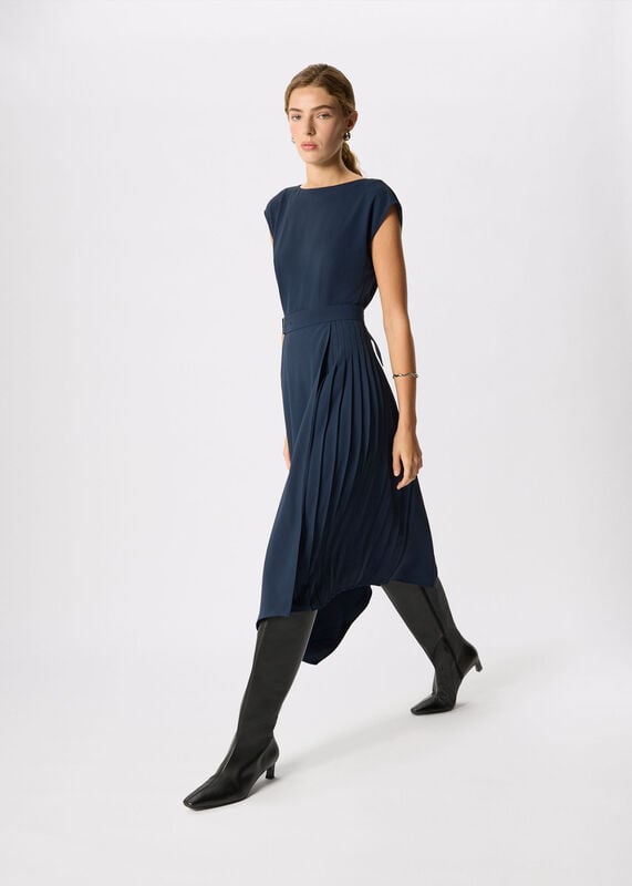 Navy Pleat Detail Asymmetric Dress