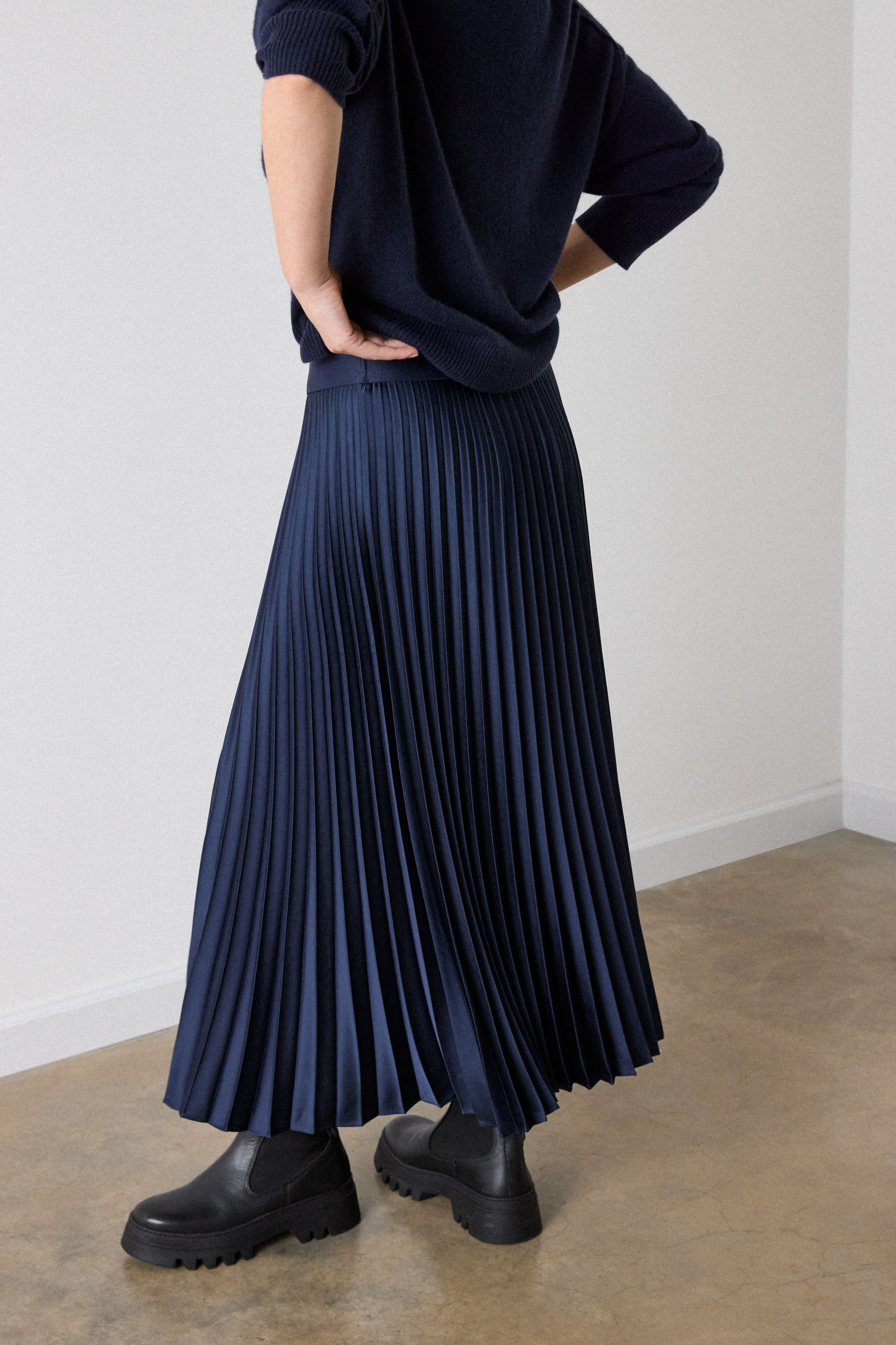 Navy Satin Pleated Midi Skirt | WHISTLES | Whistles US |
