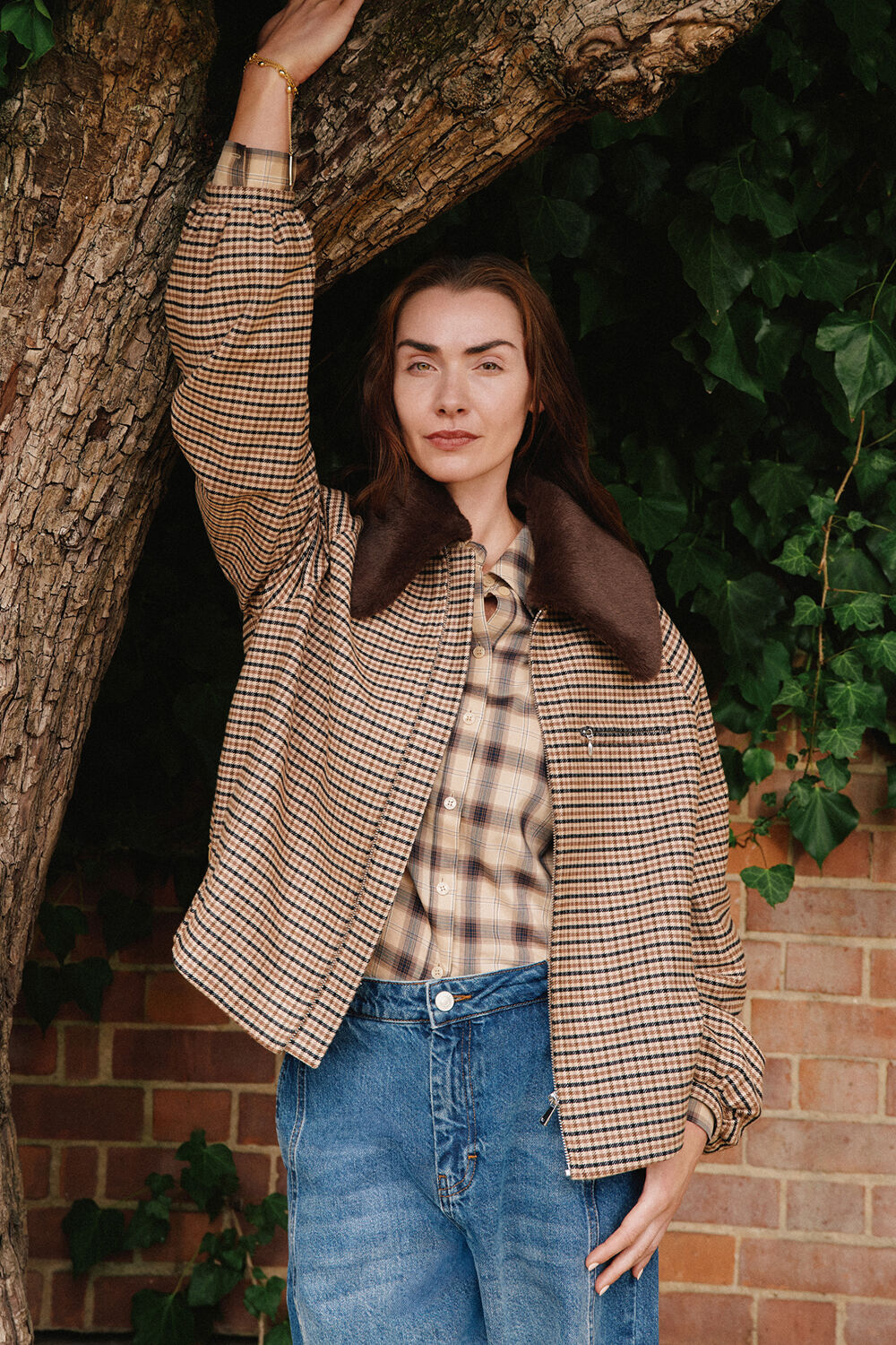 Brown Faux Fur Collar Check Bomber