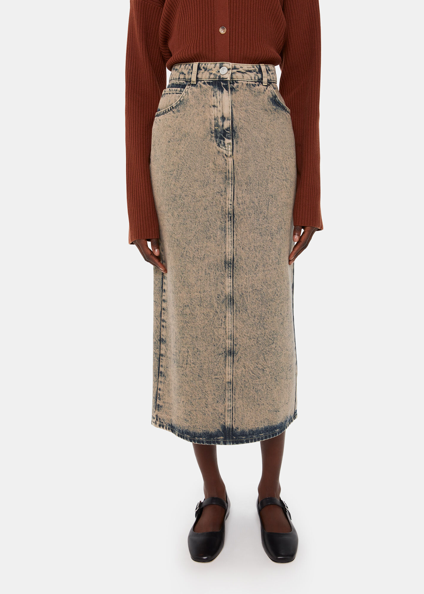 Women Black Acid Wash Denim Side Button Midi Skirt