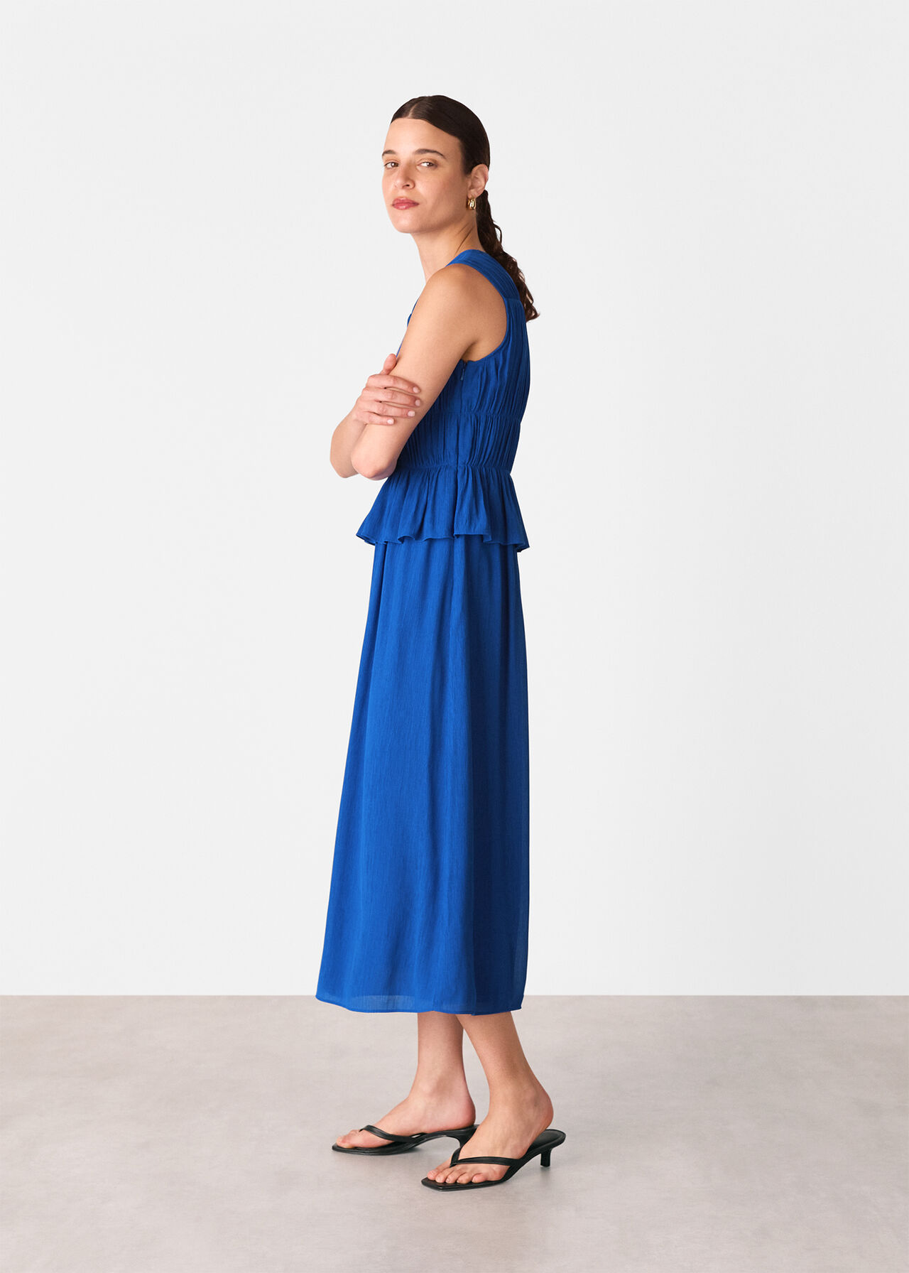 Shirred V Neck Midi Dress