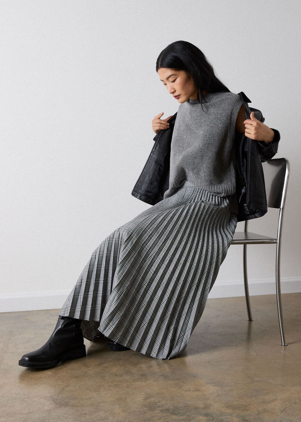 Petite Check Pleated Midi Skirt