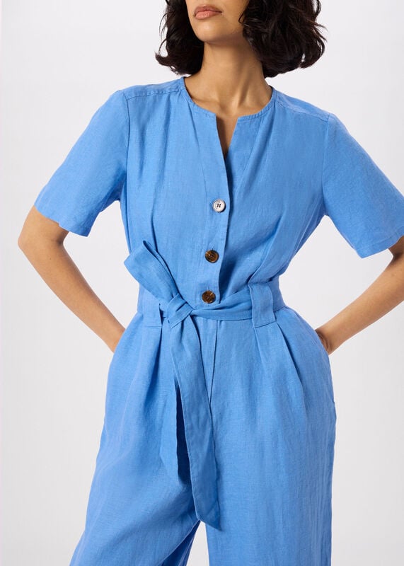 Blue Petite Fiona Linen Button Jumpsuit