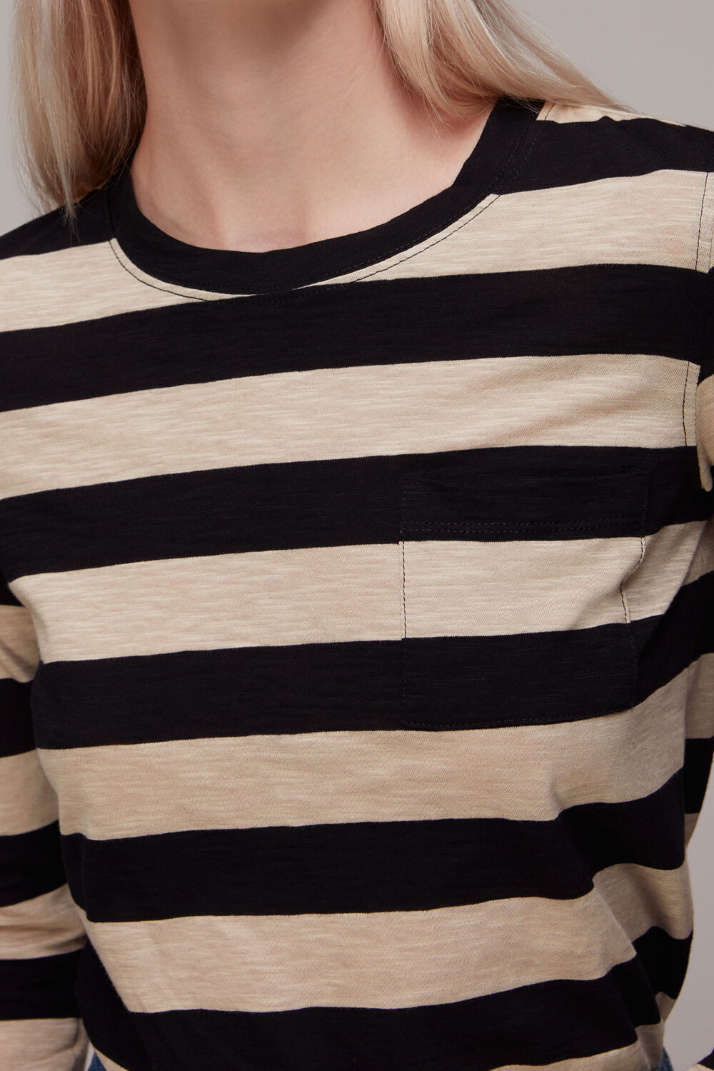 Black Crew Neck Stripe Pocket Top