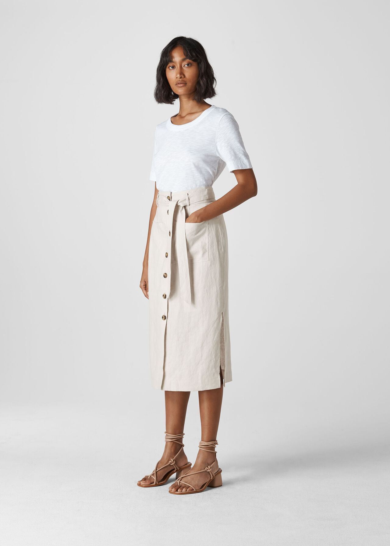 Linen Tie Button Skirt Neutral