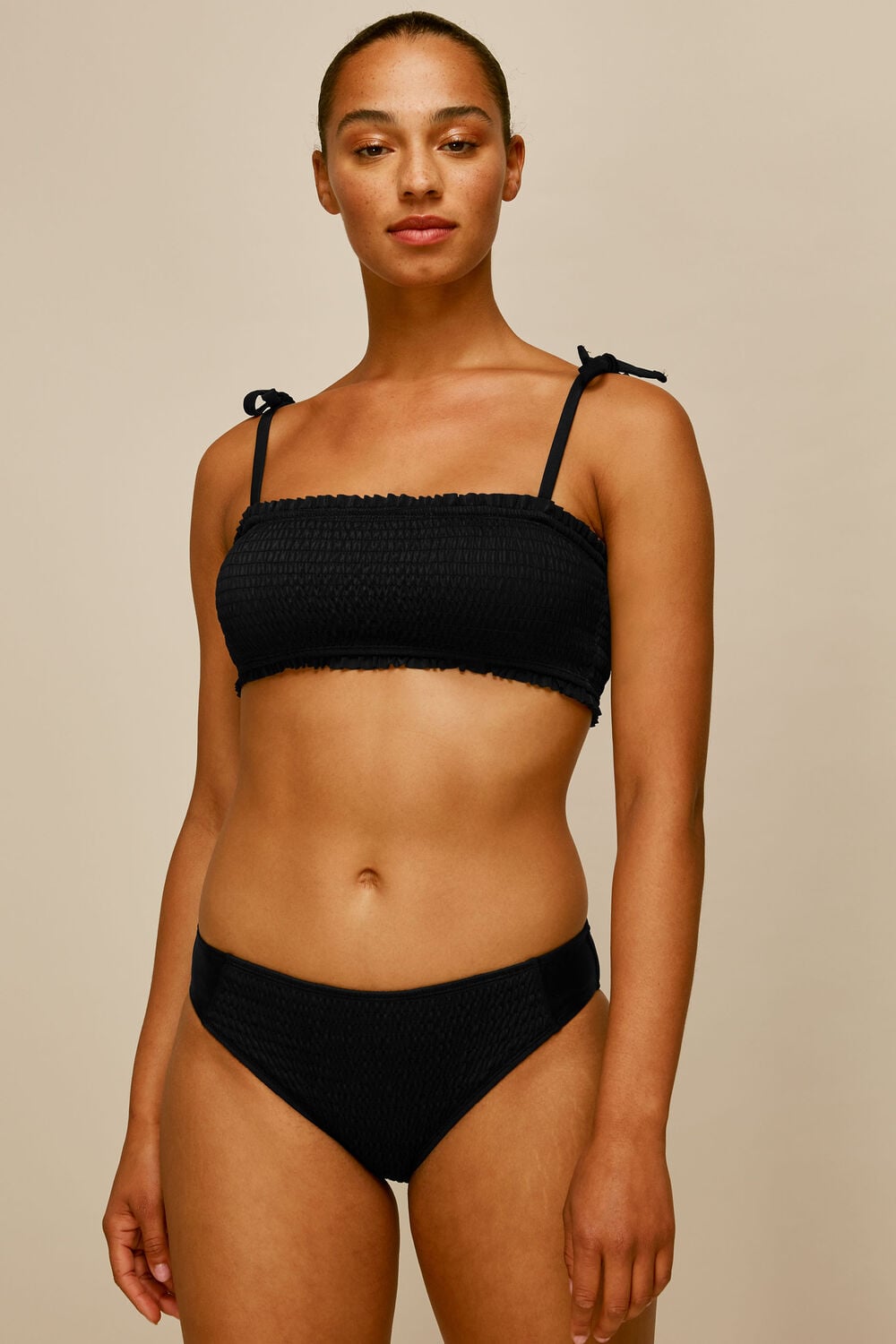 Black Shirred Panelled Bikini Bottom
