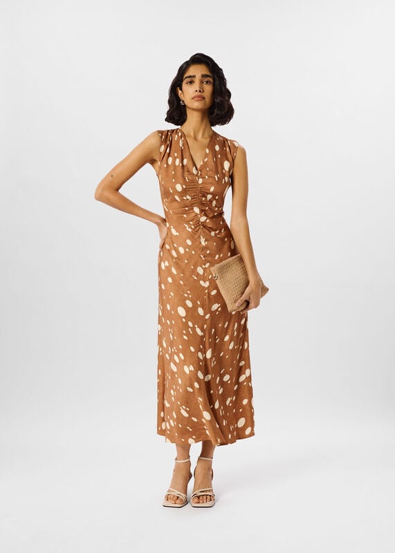 Brown Sleeveless Spot Viscose Midi Dress