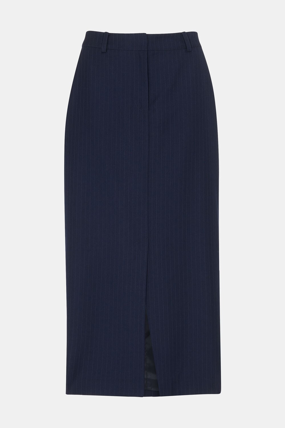 Navy Pinstripe Tailored Midi Skirt