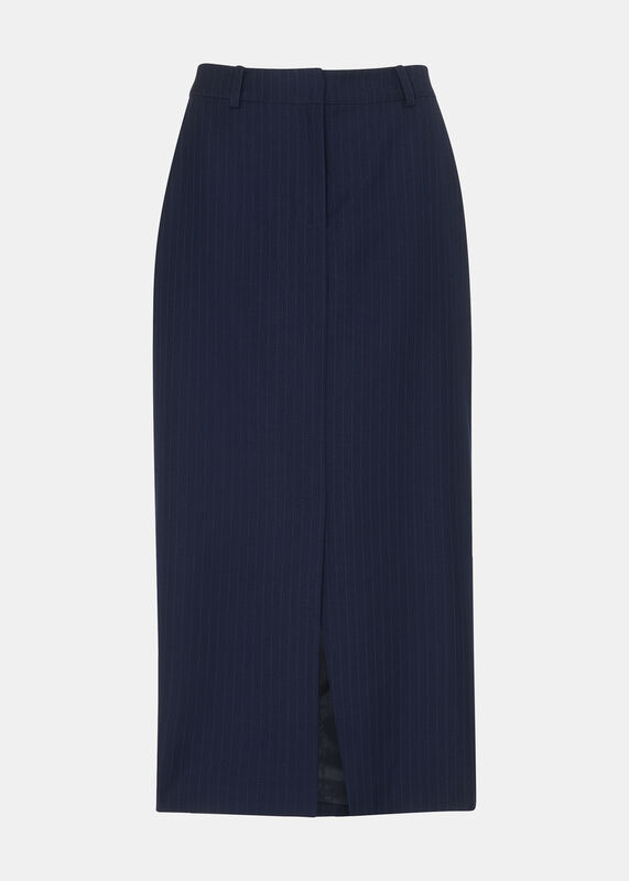 Navy Pinstripe Tailored Midi Skirt