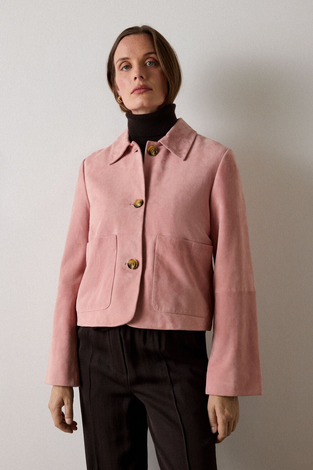 Button Cropped Suede Jacket