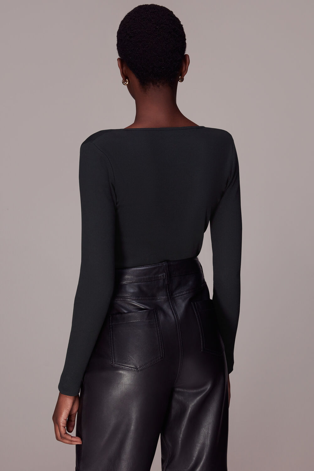 Black Ribbed Asymmetric V-Neck Top