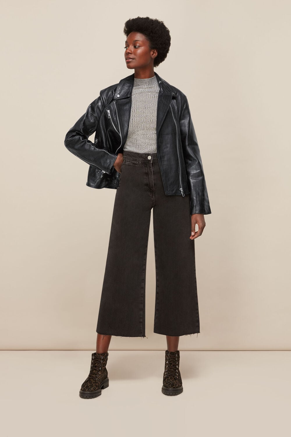 Adriana Leather Croc Biker Black