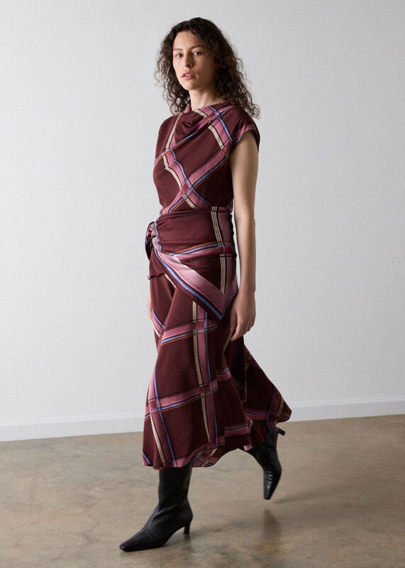 Brown Painted Check Cowl Neck Dress