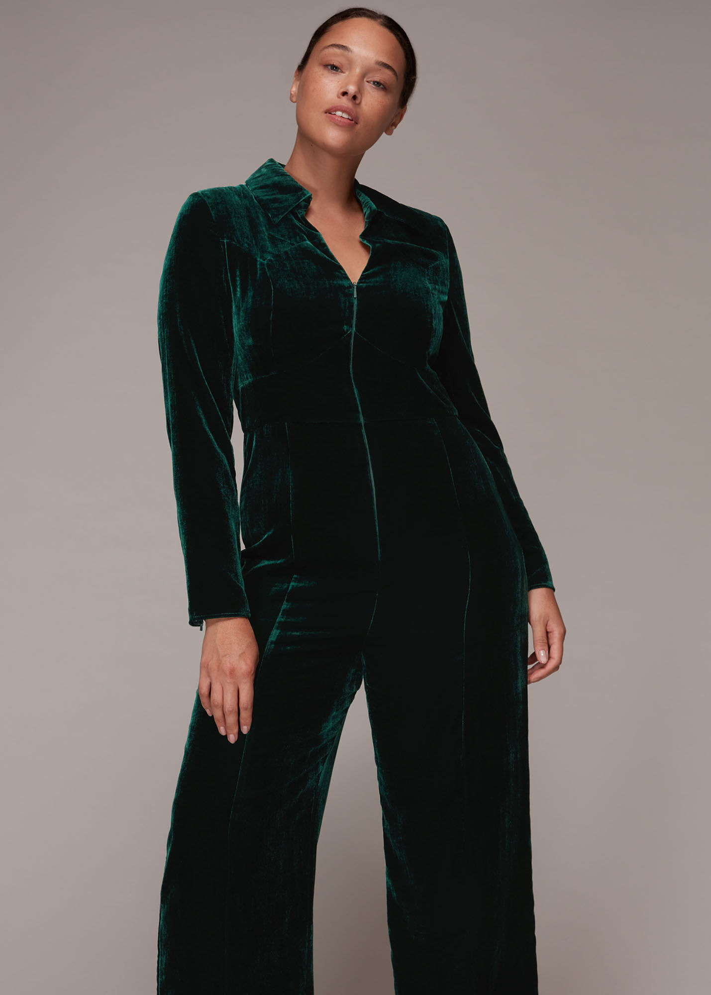 Green Velvet Zip Front Jumpsuit WHISTLES Whistles