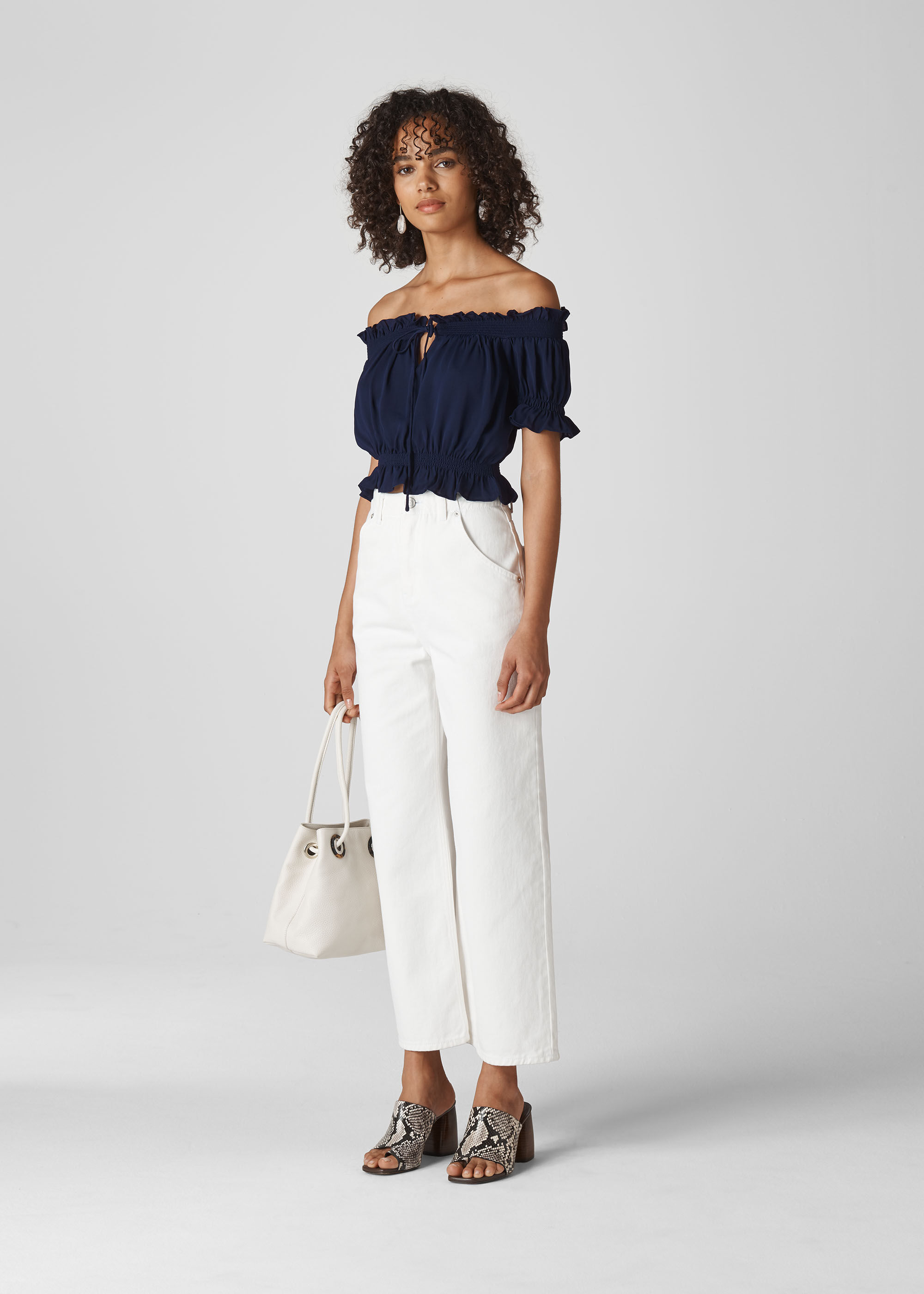 Navy and white bardot top discount