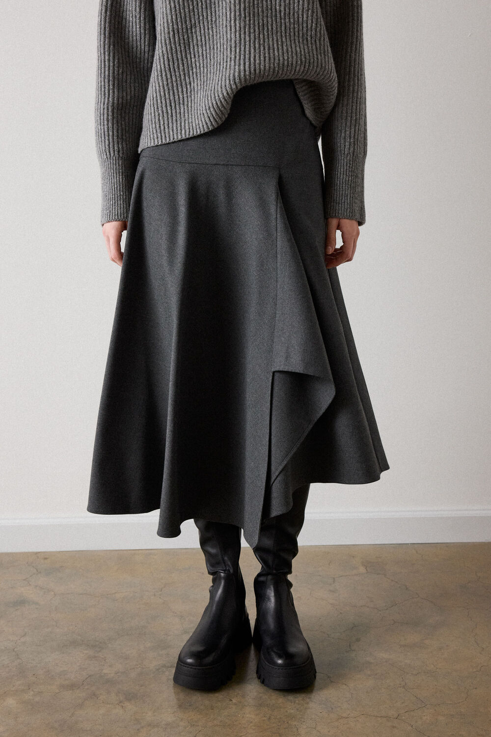 Grey Petite Draped Asymmetric Midi Skirt