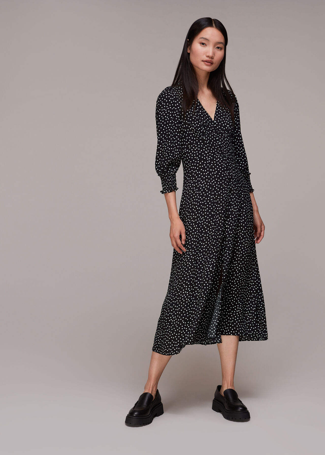 Black/White Ellie Spot Print Midi Dress | WHISTLES | Whistles UK